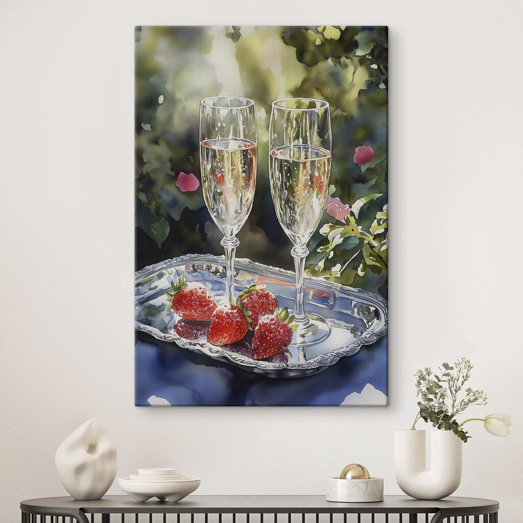 Two glasses of champagne and strawberries on a tray Two glasses of champagne and strawberries on a tray