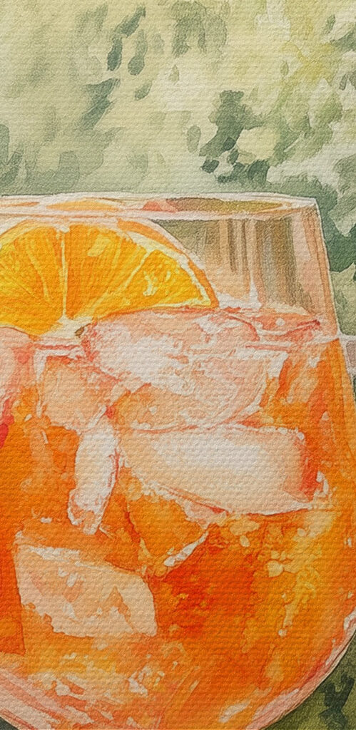 Glass of orange juice with ice and oranges from a window