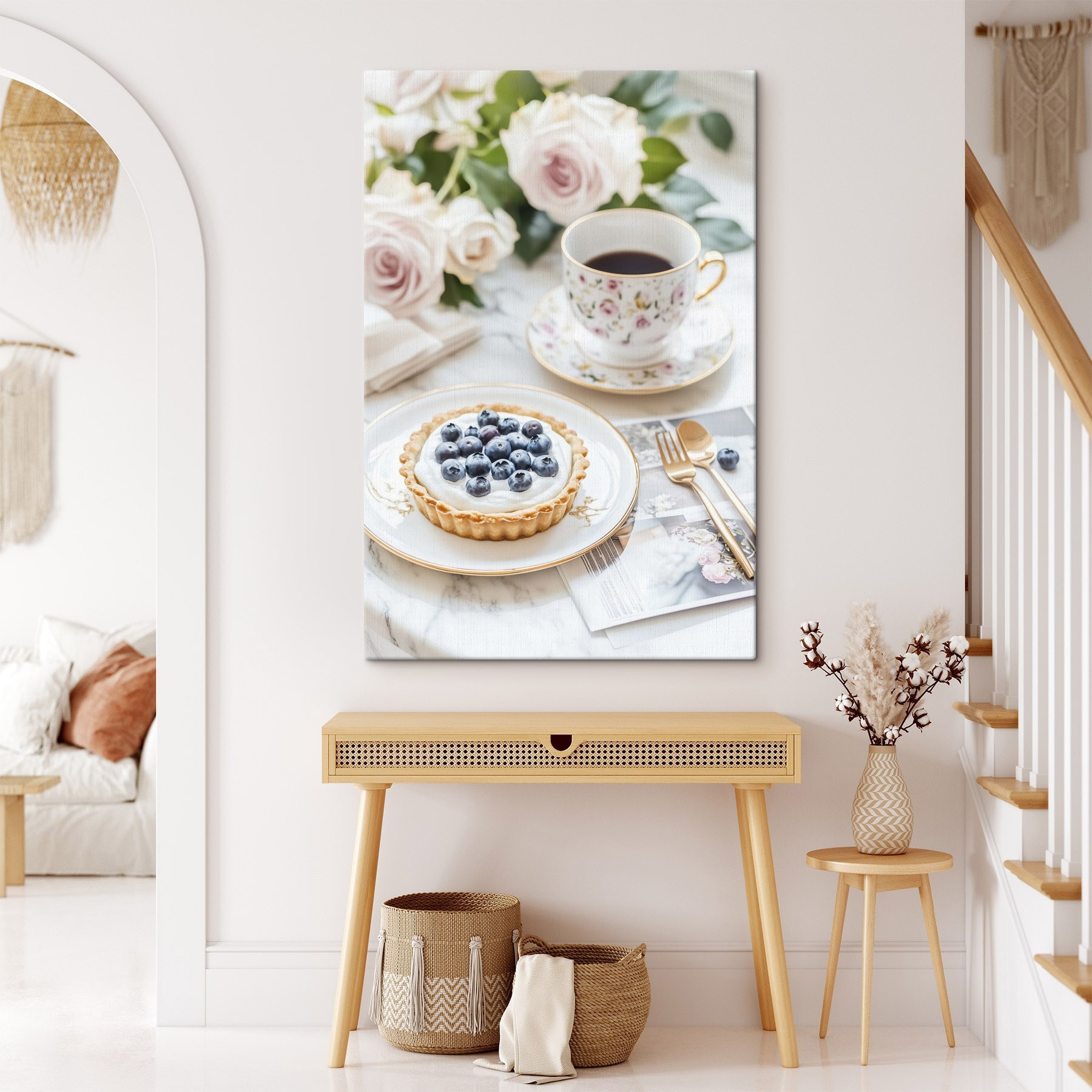 Dessert on a plate with a cup of coffee and flowers Dessert on a plate with a cup of coffee and flowers
