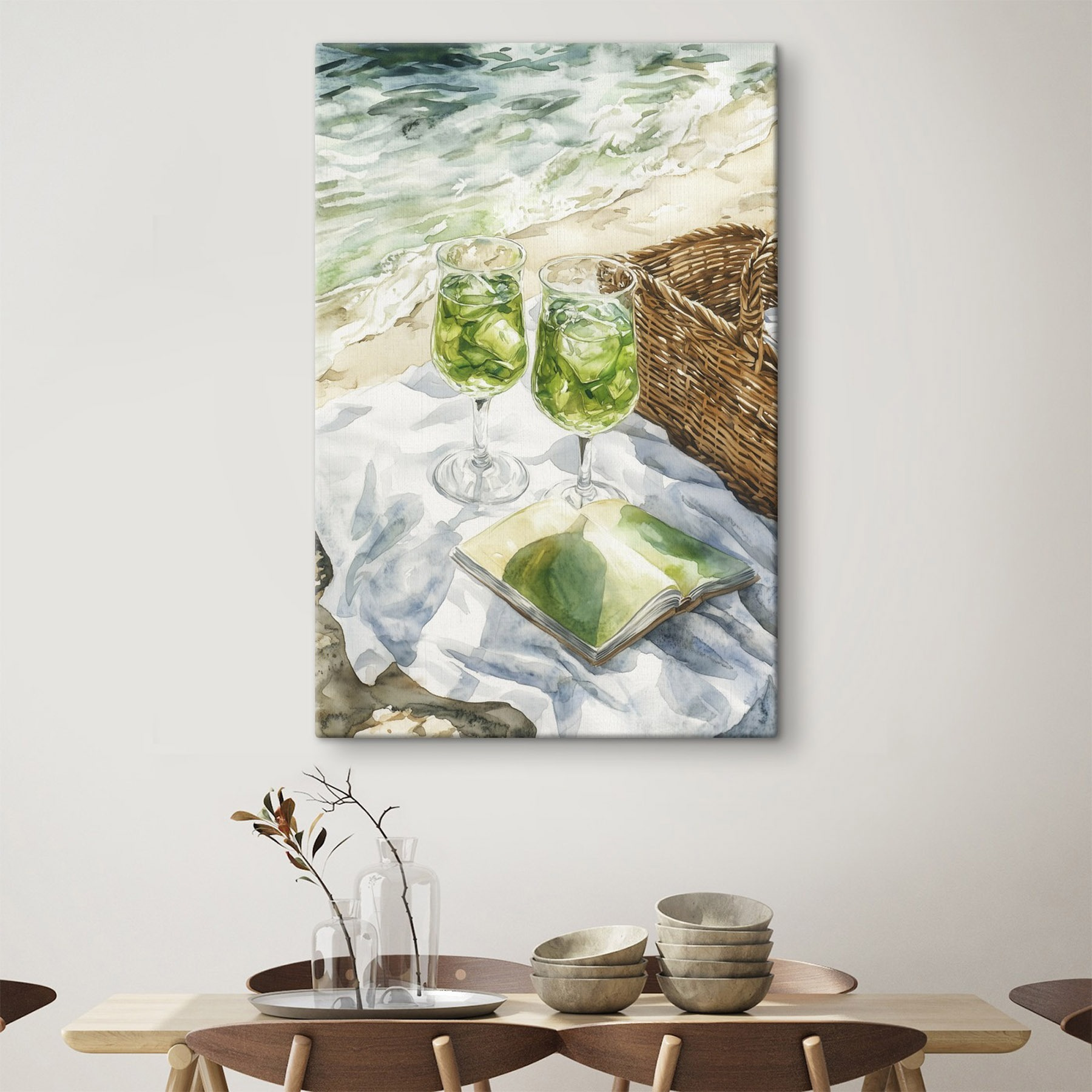 Watercolor of two glasses of wine next to a picnic basket and a book Watercolor of two glasses of wine next to a picnic basket and a book