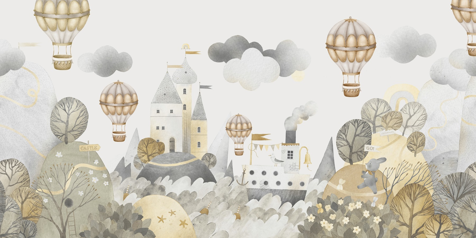 Watercolor painting of a castle and hot air balloons