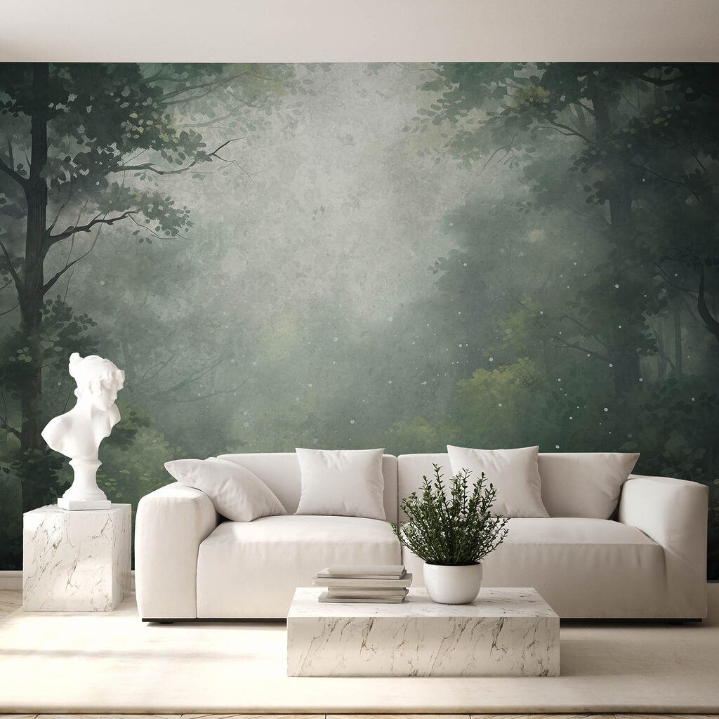 Foggy forest with trees and plants