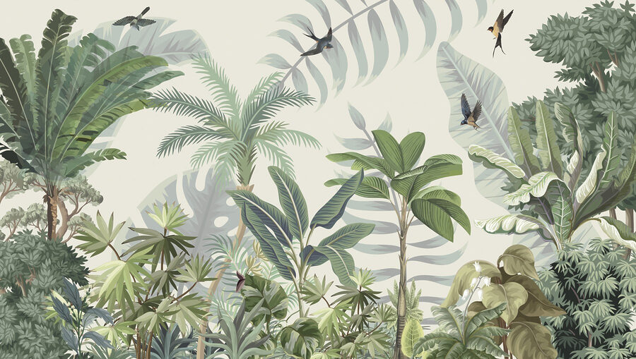 Carta da parati con piante e uccelli tropicali