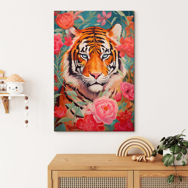 Quadri Dipinto raffigurante una tigre circondata da fiori (COD: s43132) Quadri Quadri Dipinto raffigurante una tigre circondata da fiori (COD: s43132)