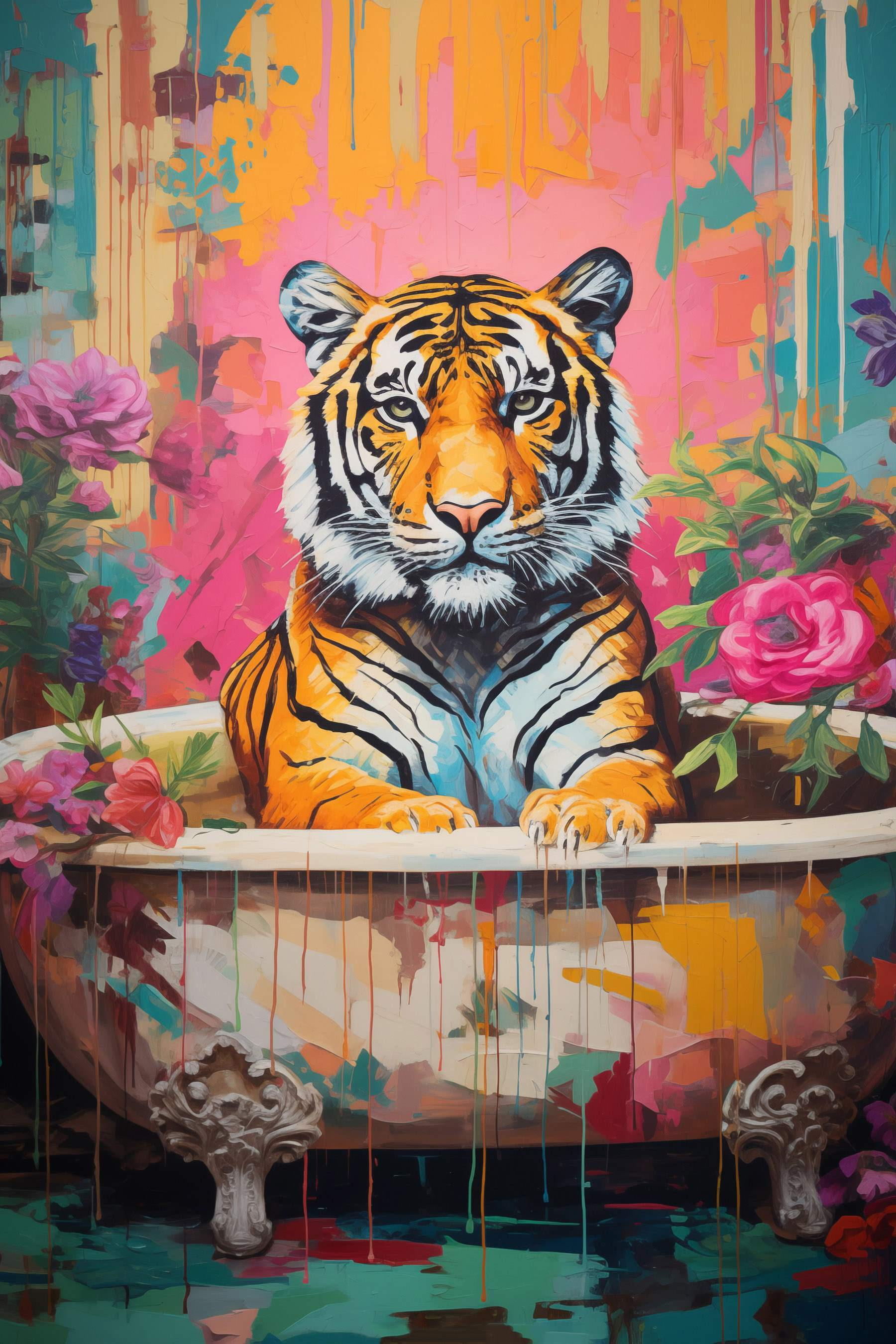 Painting of a tiger in a flowered tub