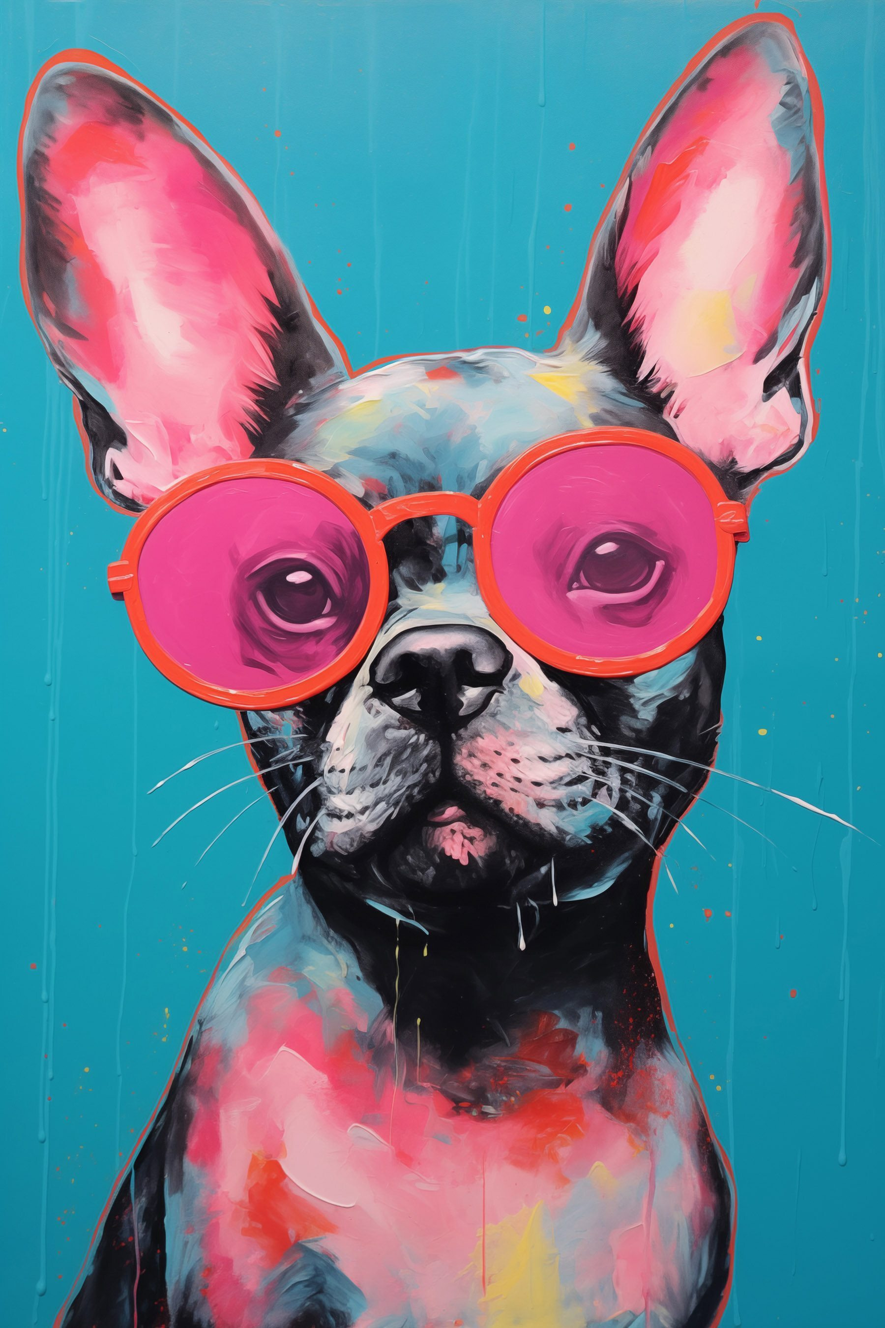 Painting of a dog wearing pink sunglasses
