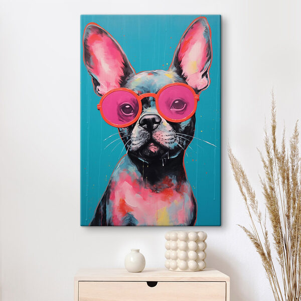 Painting of a dog wearing pink sunglasses