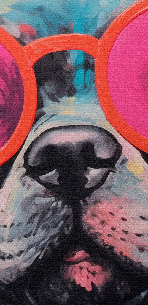Painting of a dog wearing pink sunglasses