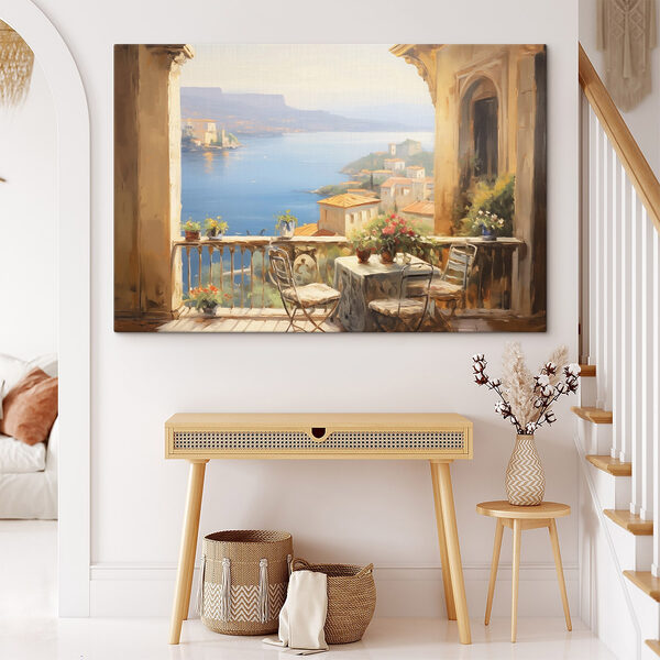 Quadri Quadri Dipinto raffigurante un balcone affacciato su uno specchio d'acqua (COD: s43173)