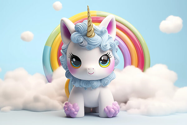 Unicorno giocattolo con arcobaleno sullo sfondo Unicorno giocattolo con arcobaleno sullo sfondo