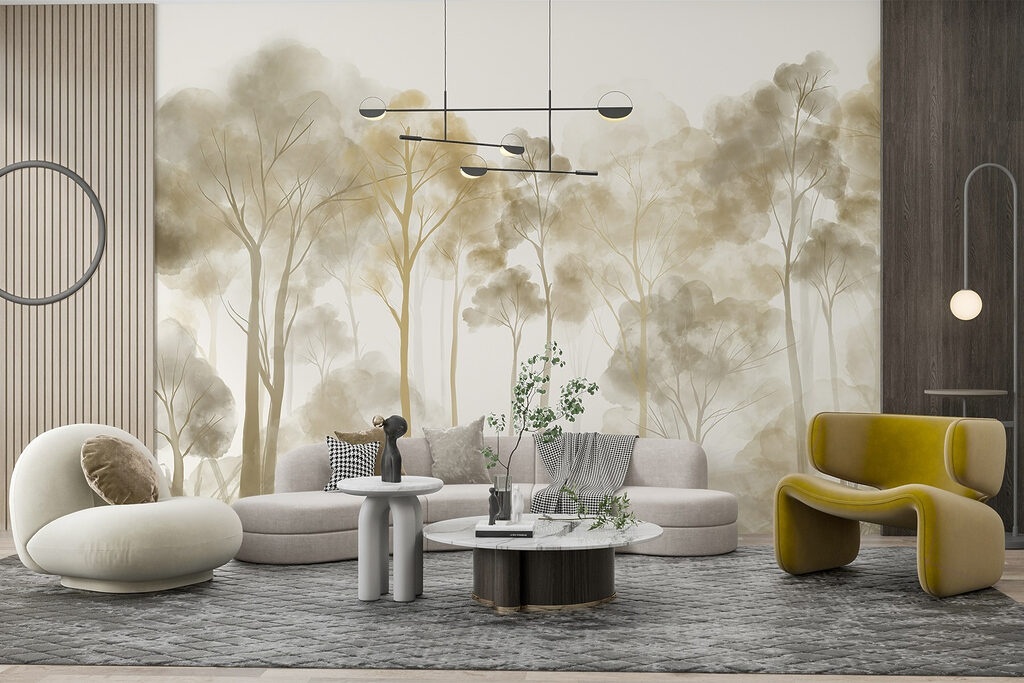 Group of trees in a foggy forest