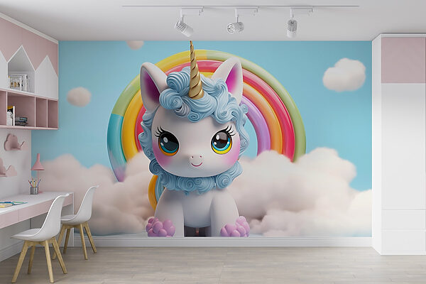 Unicorno giocattolo con arcobaleno sullo sfondo Unicorno giocattolo con arcobaleno sullo sfondo