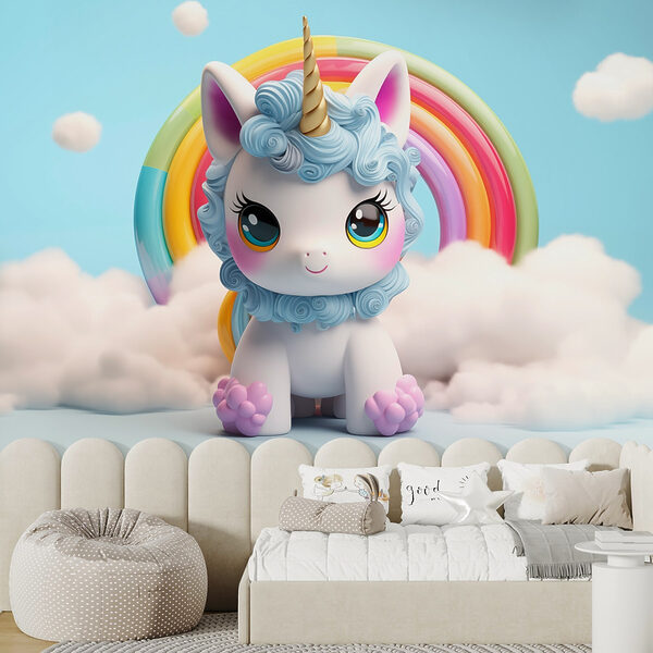 Unicorno giocattolo con arcobaleno sullo sfondo Unicorno giocattolo con arcobaleno sullo sfondo
