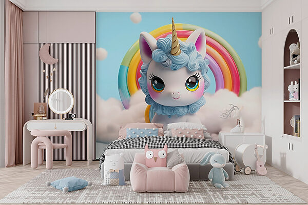 Unicorno giocattolo con arcobaleno sullo sfondo Unicorno giocattolo con arcobaleno sullo sfondo