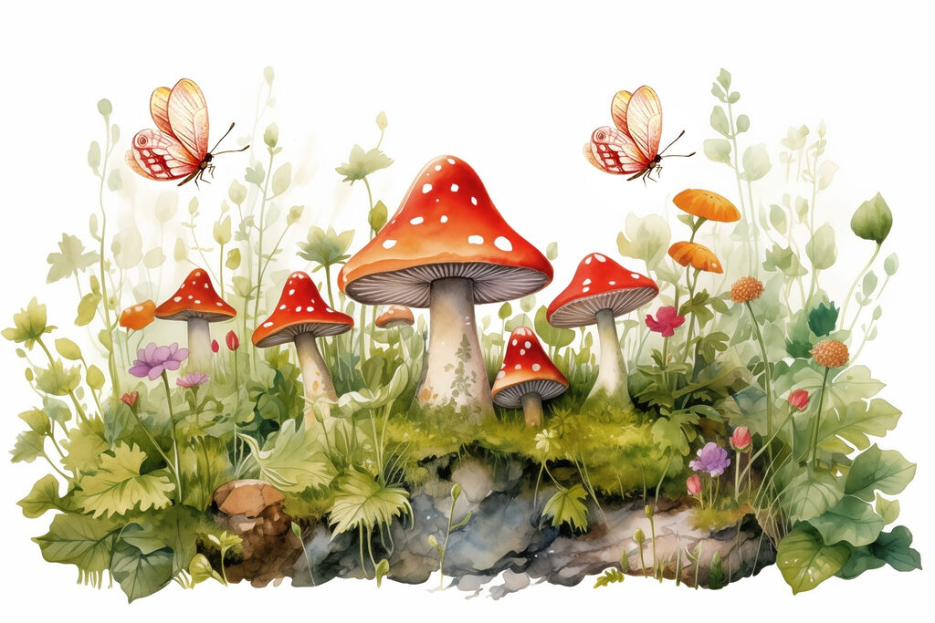 Pittura di funghi e farfalle Pittura di funghi e farfalle