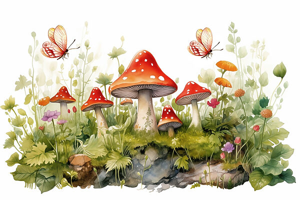 Pittura di funghi e farfalle Pittura di funghi e farfalle