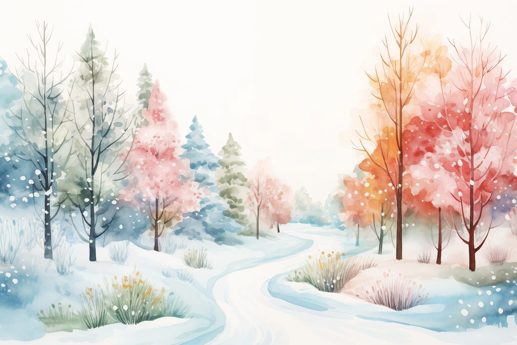 Pittura ad acquerello di una strada innevata con alberi Pittura ad acquerello di una strada innevata con alberi