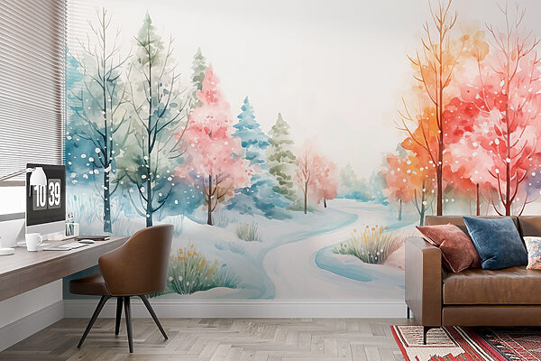 Pittura ad acquerello di una strada innevata con alberi Pittura ad acquerello di una strada innevata con alberi