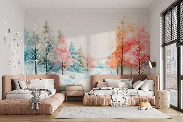 Pittura ad acquerello di una strada innevata con alberi Pittura ad acquerello di una strada innevata con alberi
