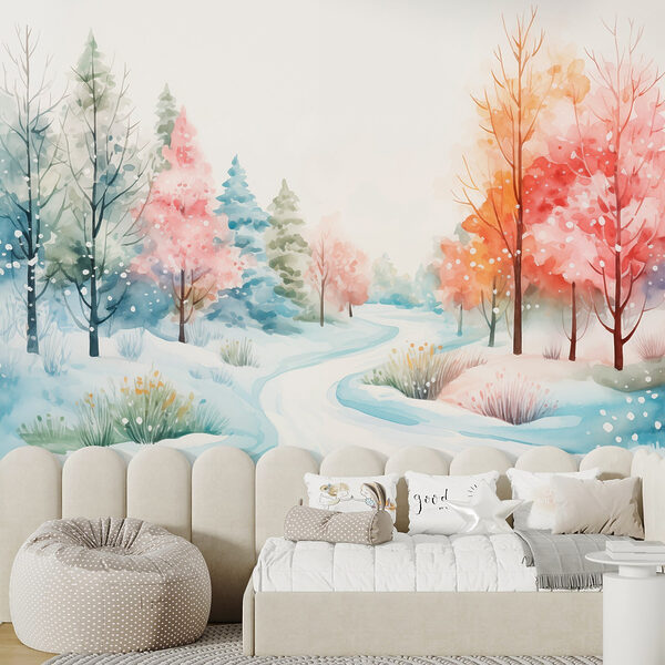 Pittura ad acquerello di una strada innevata con alberi Pittura ad acquerello di una strada innevata con alberi