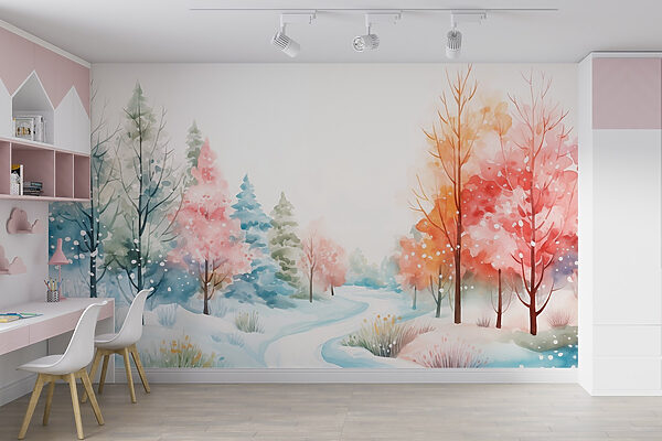 Pittura ad acquerello di una strada innevata con alberi Pittura ad acquerello di una strada innevata con alberi