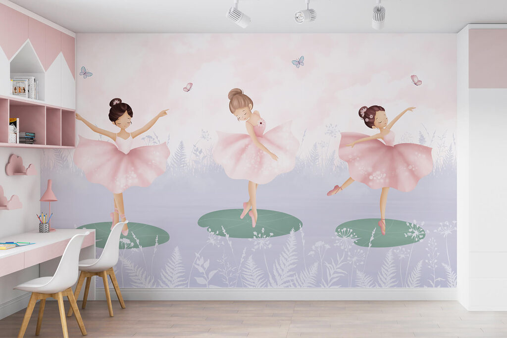 Group of girls in tutu skirts dancing on lily pads