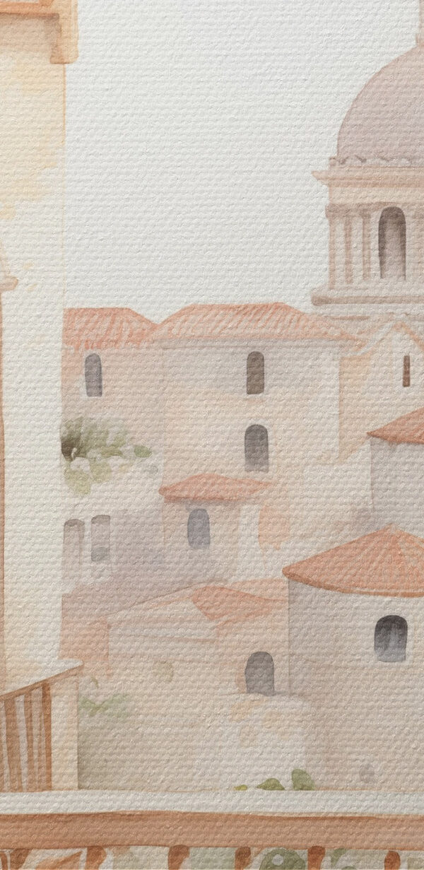 Watercolor painting of a balcony with a view of a city