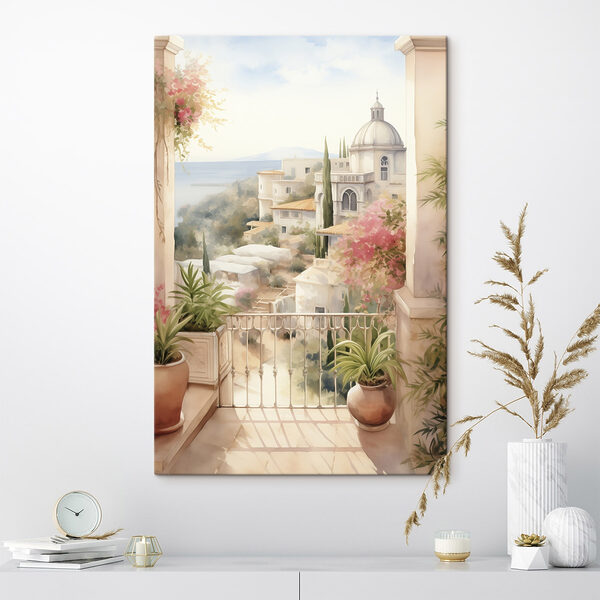 Quadri Acquerello raffigurante un balcone con vista sulla città (COD: s43181) Quadri Quadri Acquerello raffigurante un balcone con vista sulla città (COD: s43181)