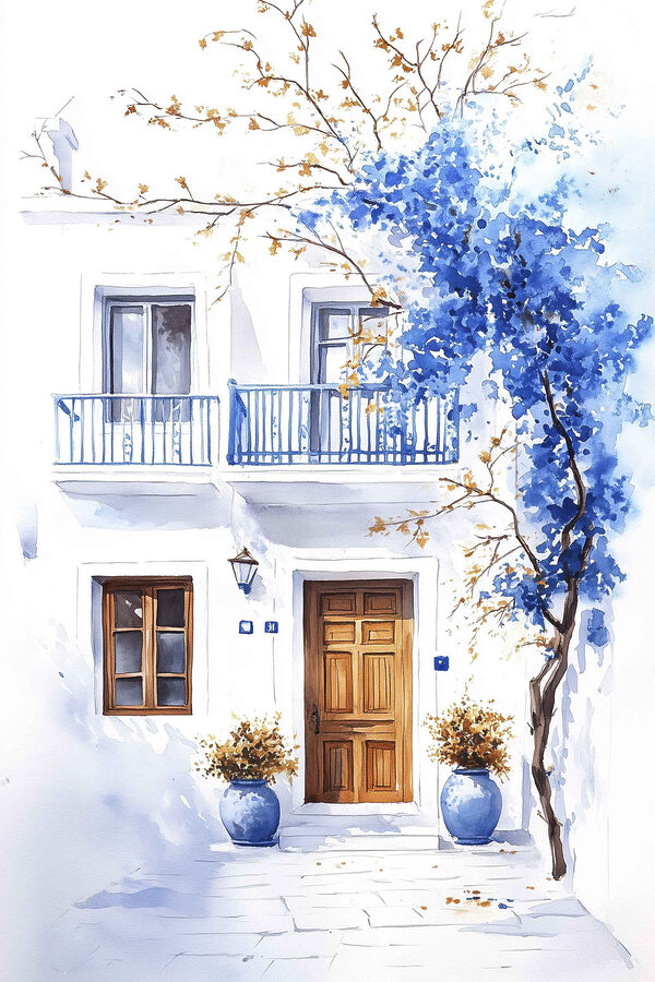 Watercolor painting of a building with a balcony and blue flowers
