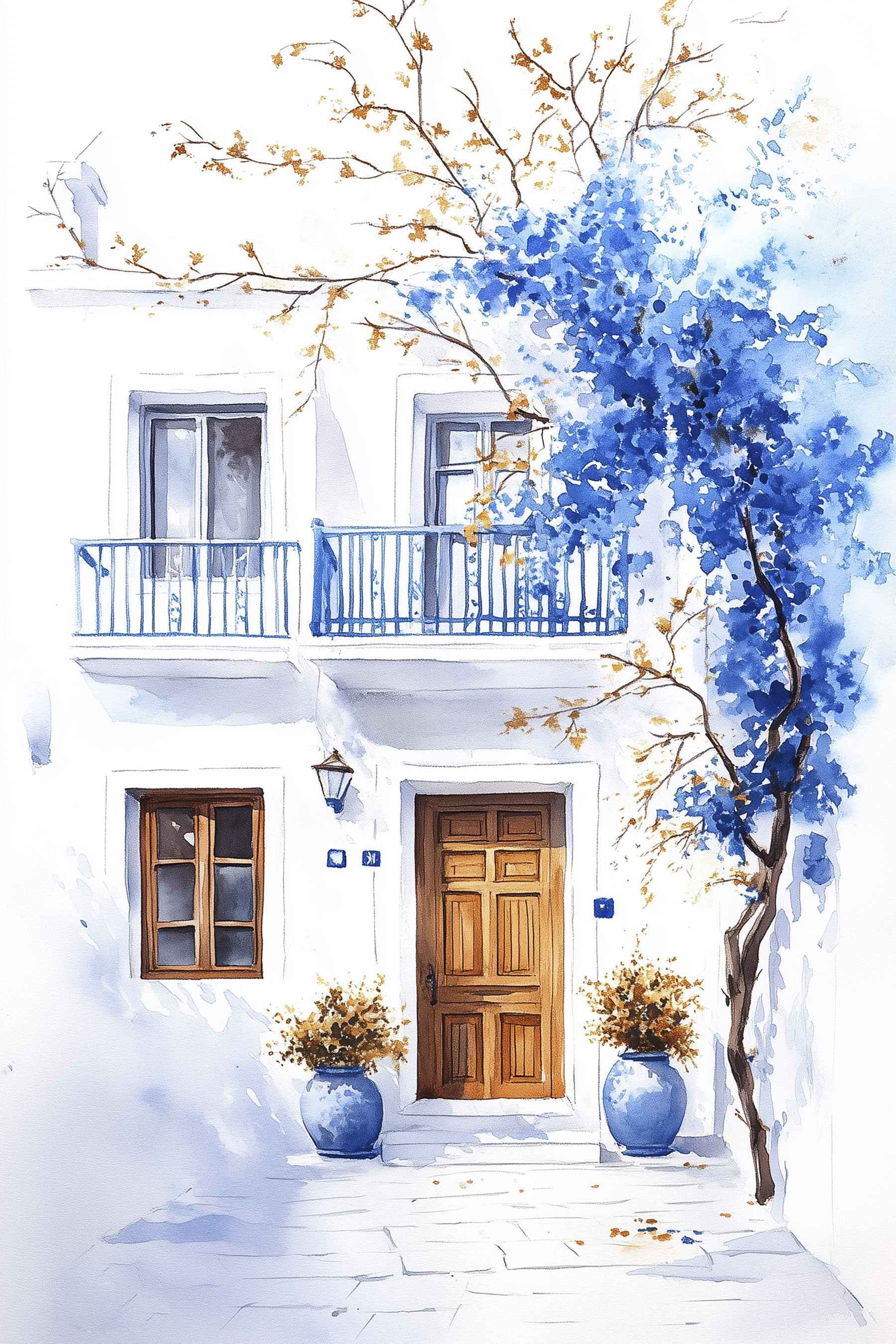 Watercolor painting of a building with a balcony and blue flowers