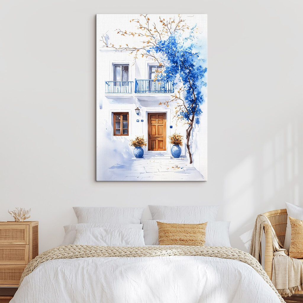 Watercolor painting of a building with a balcony and blue flowers