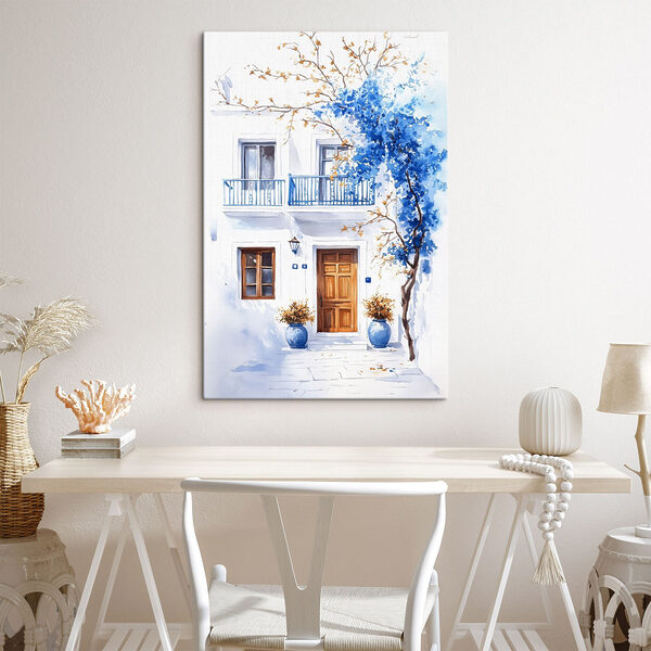 Watercolor painting of a building with a balcony and blue flowers