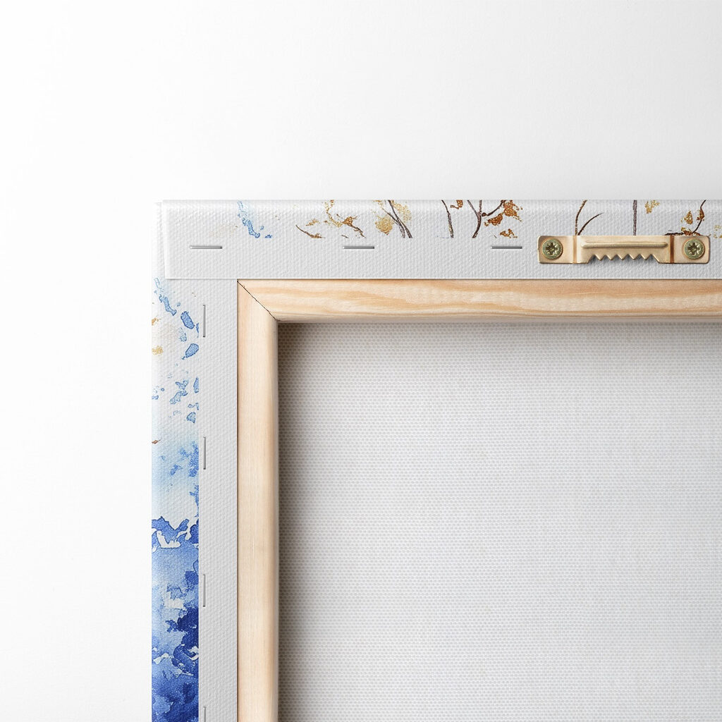 Watercolor painting of a building with a balcony and blue flowers