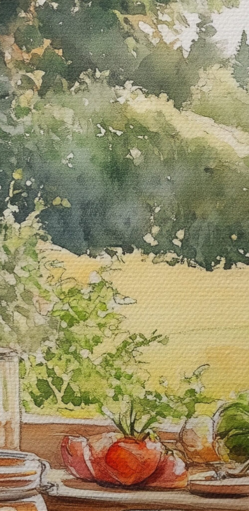 Watercolor of jars of food on a window sill Watercolor of jars of food on a window sill