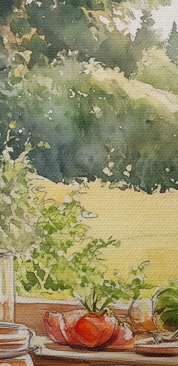 Watercolor of jars of food on a window sill Watercolor of jars of food on a window sill