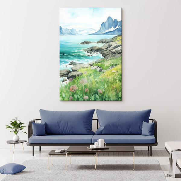 Quadri Quadri Acquerello raffigurante una costa rocciosa con montagne e un cielo azzurro (COD: s43188)