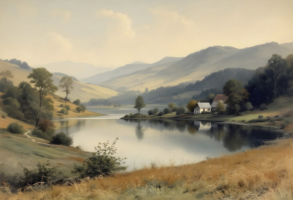 Lago con casa e alberi Lago con casa e alberi