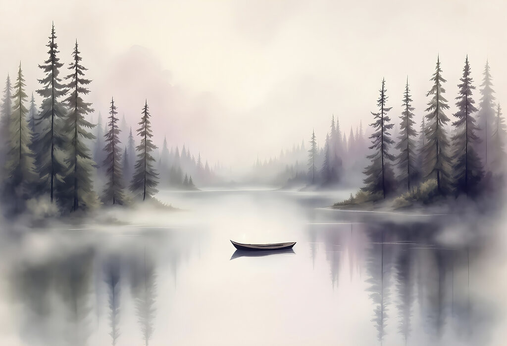 Barca su un lago con alberi sullo sfondo Barca su un lago con alberi sullo sfondo