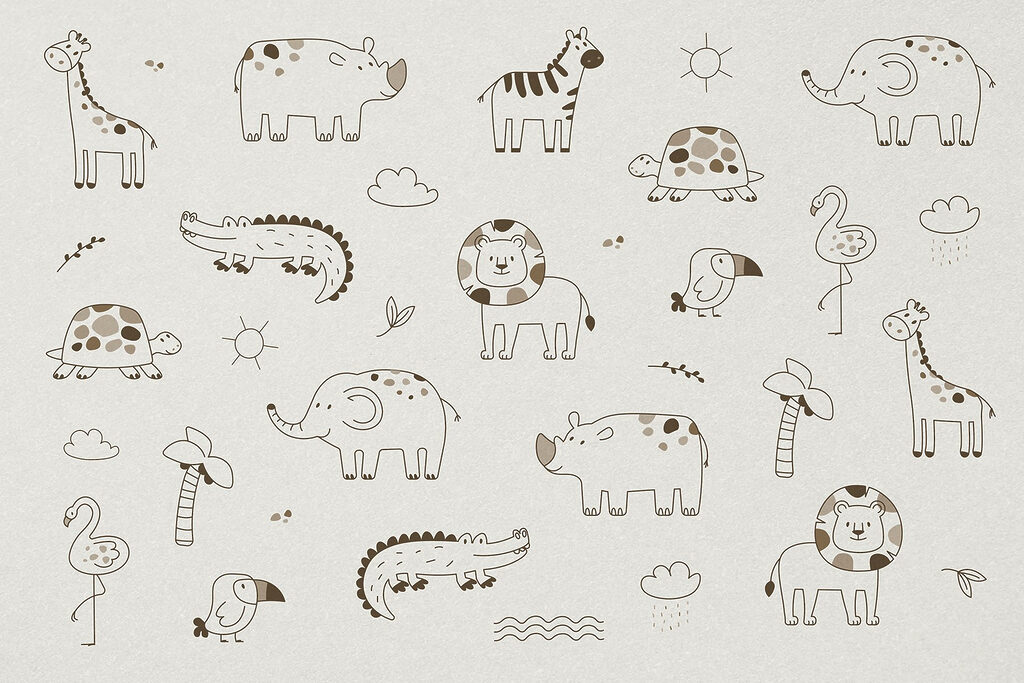 Gruppo di animali disegnati su una superficie bianca Gruppo di animali disegnati su una superficie bianca