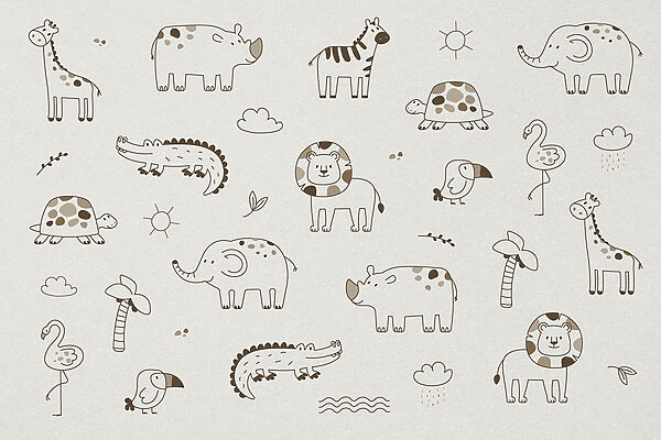 Gruppo di animali disegnati su una superficie bianca Gruppo di animali disegnati su una superficie bianca