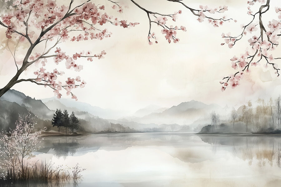 Pittura ad acquerello di un lago con alberi e montagne