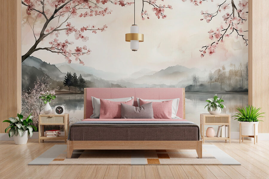 Pittura ad acquerello di un lago con alberi e montagne