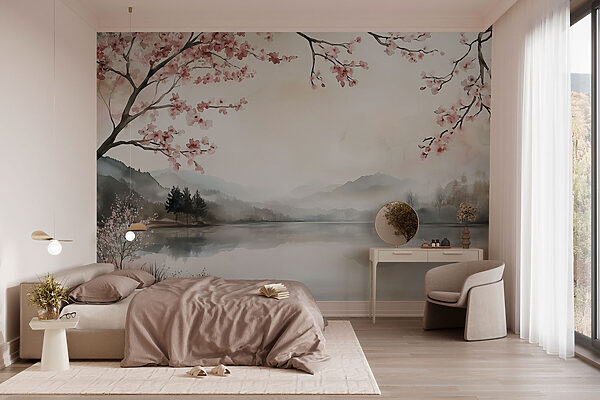 Pittura ad acquerello di un lago con alberi e montagne Pittura ad acquerello di un lago con alberi e montagne