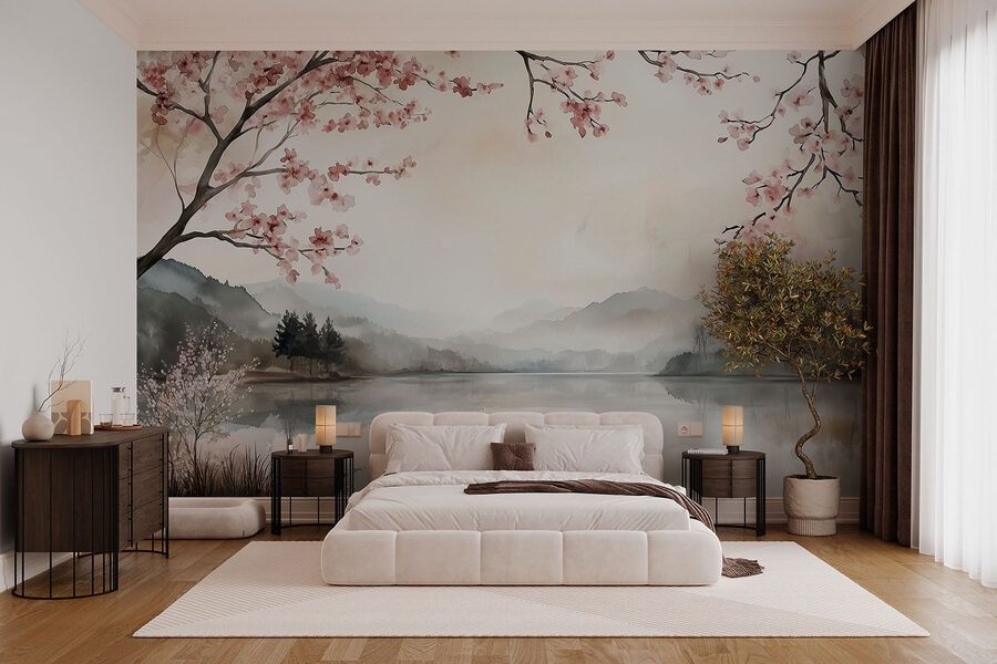 Pittura ad acquerello di un lago con alberi e montagne
