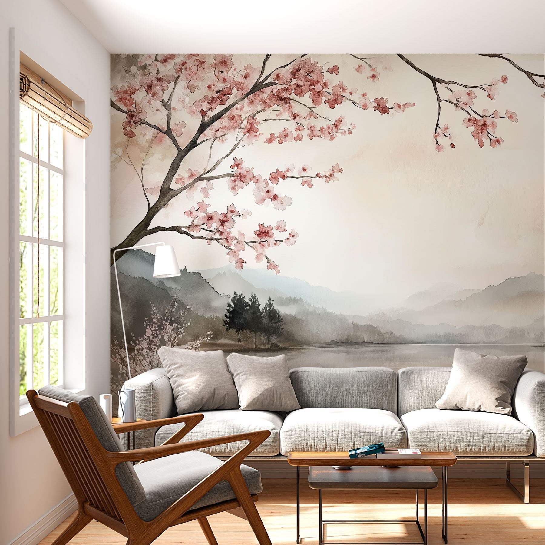 Watercolor painting of a lake with trees and mountains