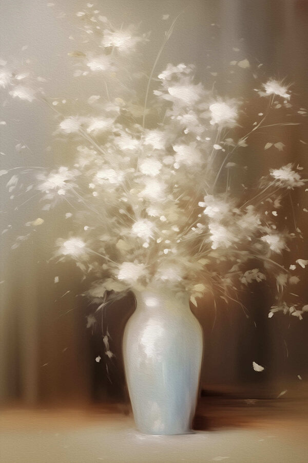 White vase with white flowers