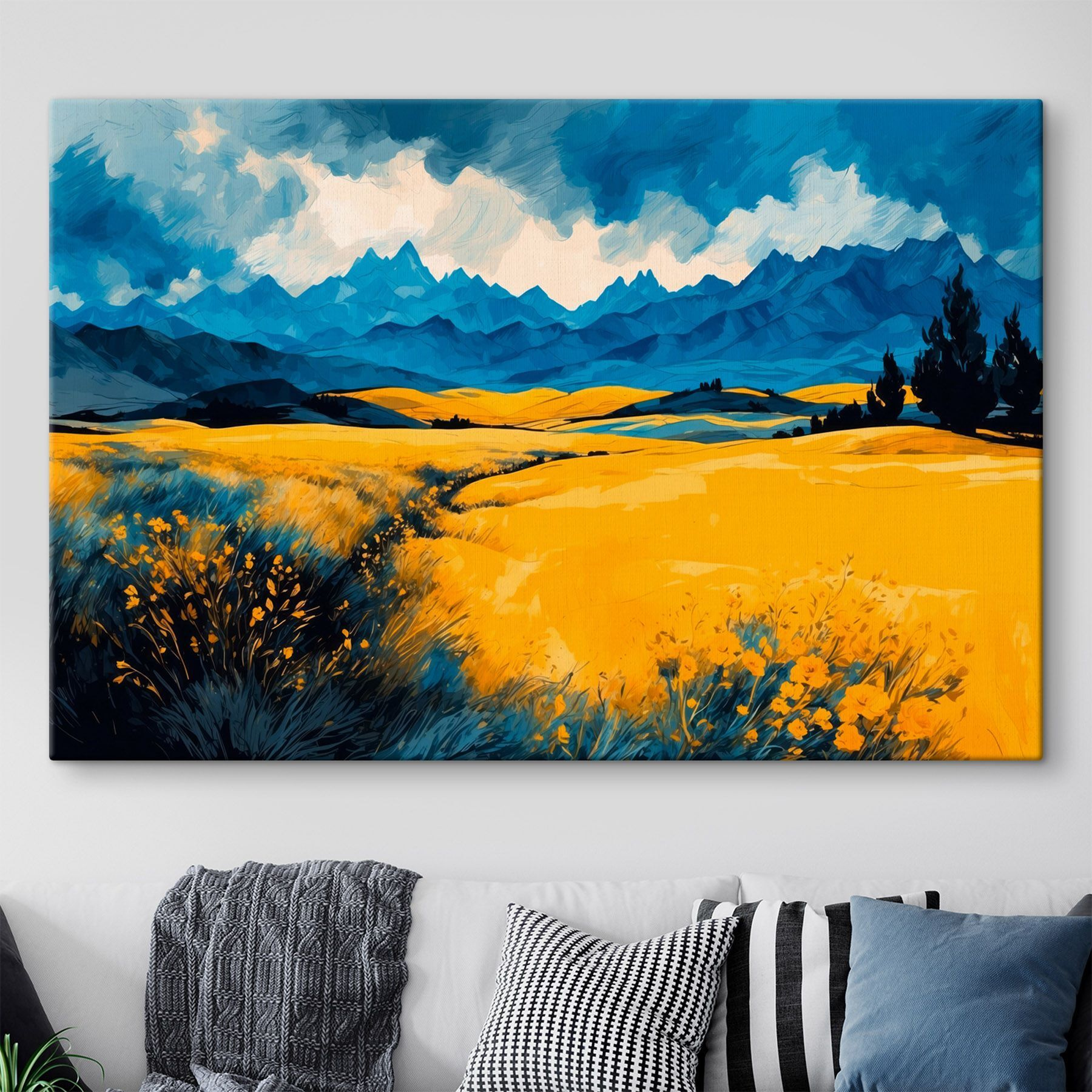 Yellow field with mountains in the background Yellow field with mountains in the background