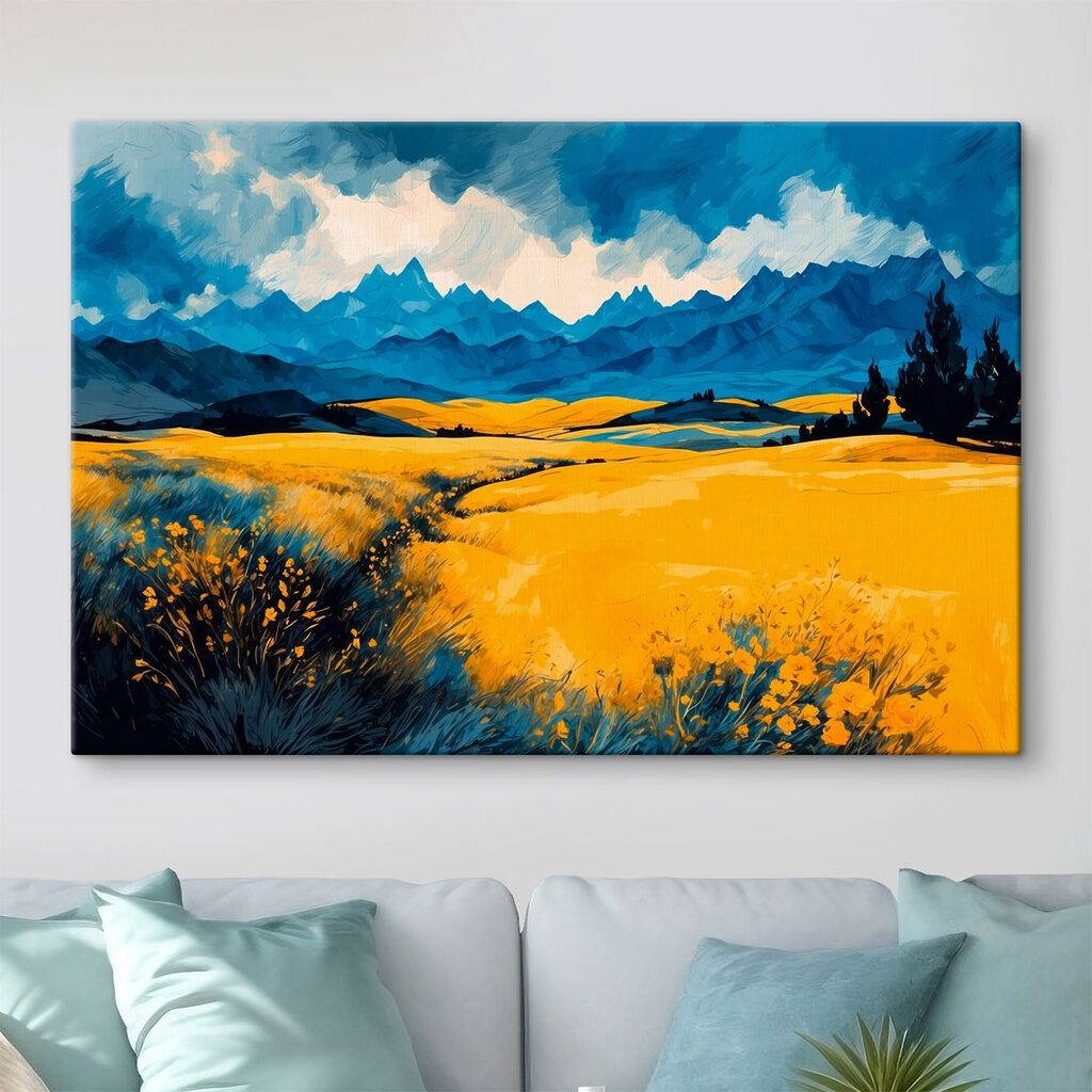 Yellow field with mountains in the background Yellow field with mountains in the background