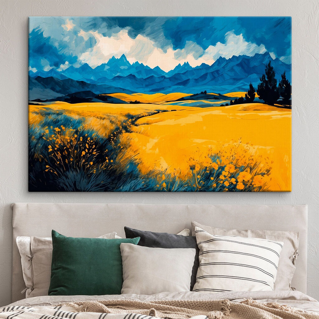 Yellow field with mountains in the background Yellow field with mountains in the background