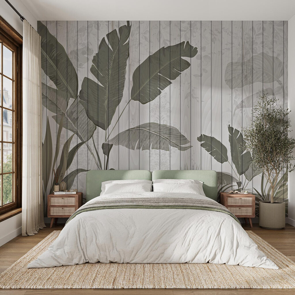 Wallpaper with leaves and plants on it
